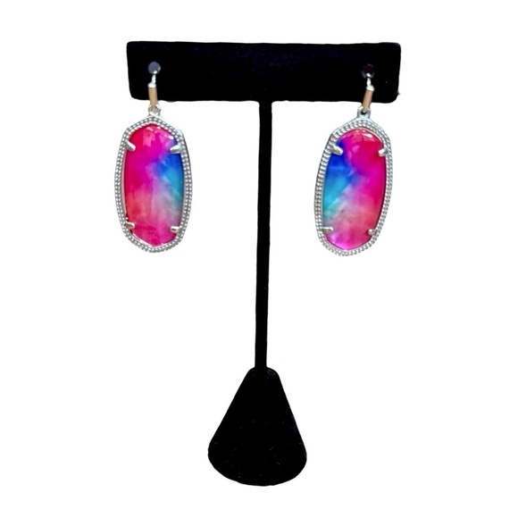 Kendra Scott Elle Watercolor Illusion Earrings in Fuchsia Blue Teal & Silver - Picture 2 of 7
